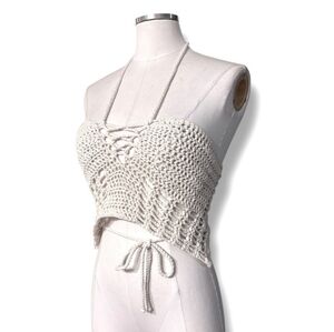MORA Ivory Crochet Cropped Lace Up Halter